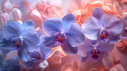 Fototapeta na wymiar An exquisite arrangement of orchids with delicate petals in shades of white, purple, and pink, set against a soft background. List of Art Media Photograph inspired by Spring magazine