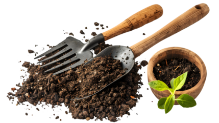Garden shovel and rake with soil, dirt for gardening and planting isolated on a transparent background