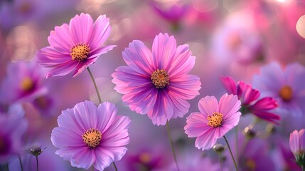 A close-up shot of pink and purple cosmos flowers in full bloom, with their delicate petals and feathery foliage. List of Art Media Photograph inspired by Spring magazine