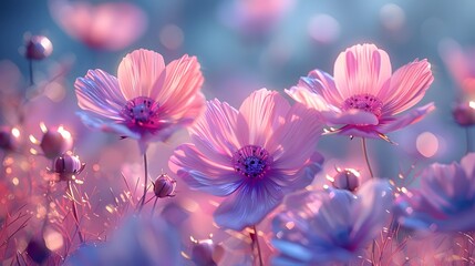 A close-up shot of pink and purple cosmos flowers in full bloom, with their delicate petals and feathery foliage. List of Art Media Photograph inspired by Spring magazine