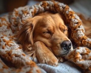 A dog is sleeping on a blanket