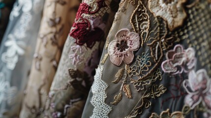 Intricate red floral details and rich textures of vintage fabrics, such as lace, embroidery, or tapestries, highlighting their timeless elegance 