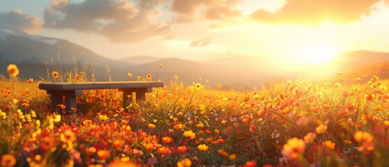 Sunlit valley showcases wildflowers against an isolated yellow backdrop, offering top copy space
