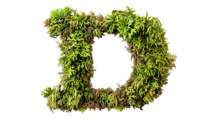 Green moss in shape alphabet letter D isolated on a transparent background