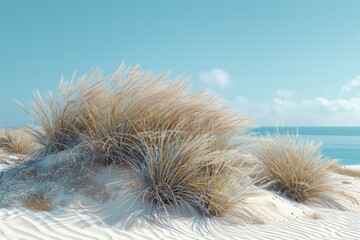 A serene coastal view with a light blue backdrop and space for text at the bottom