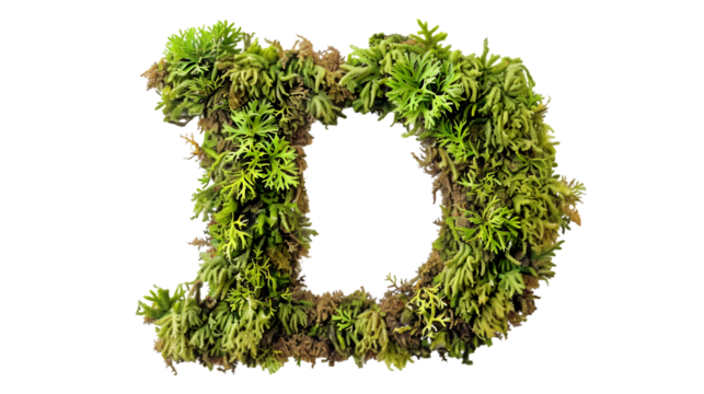 Green moss in shape alphabet letter D isolated on a transparent background