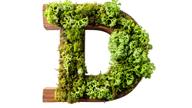 Green moss in shape alphabet letter D isolated on a transparent background