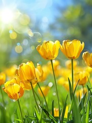Obraz premium A bright yellow background highlights a sunny field of tulips with ample copy space available