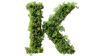 Green moss in shape alphabet letter K isolated on a transparent background