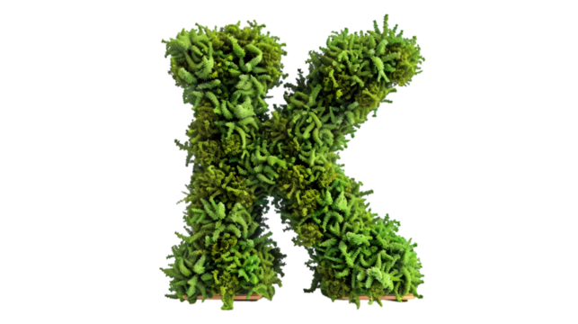 Green moss in shape alphabet letter K isolated on a transparent background