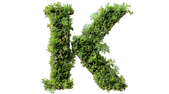Green moss in shape alphabet letter K isolated on a transparent background