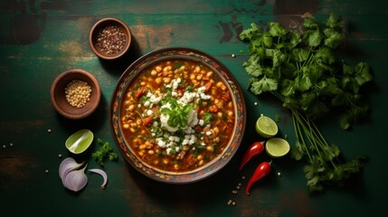 Authentic mexican pozole served on green plate - top view, minimalist setting on antique table