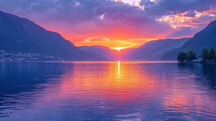 The sunset over the calm lake creates a vibrant orange and purple sky, with wide copy space at the...