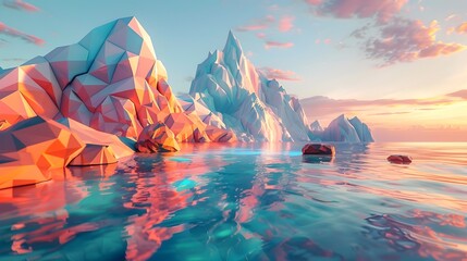 Mesmerizing Low Poly Glacier Landscape at Sunset Over Serene Glacial Ocean
