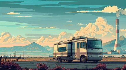 Recreational Vehicle Parked near Nuclear Power Plant Highlighting Contrasting Lifestyles and Energy Production