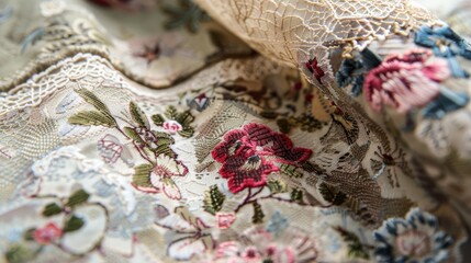 Intricate red floral details and rich textures of vintage fabrics, such as lace, embroidery, or tapestries, highlighting their timeless elegance 