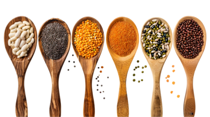 Mix legumes and cereals in wooden spoon, (beans, peas, lentils, barley, spelt) isolated on a transparent background