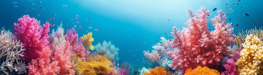 Coral reef thrives in vibrant sea, backdrop of blue, with space below for text