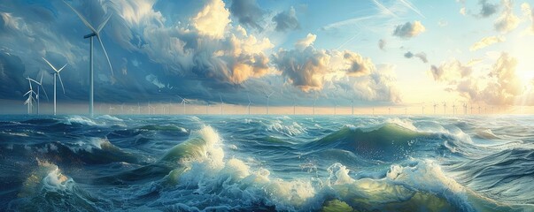 Offshore wind turbines, ocean waves, renewable energy, vibrant colors, photorealistic, hightech design