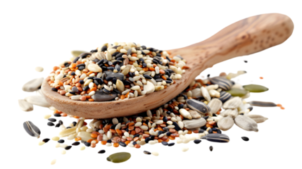 Mixed seeds pile with sunflower, sesame, linseed, pumpkin seed in wooden spoon isolated on a transparent background