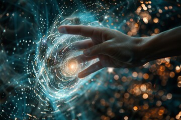 First contact. hand touching spinning vortex of light particles, neuronal network concept
