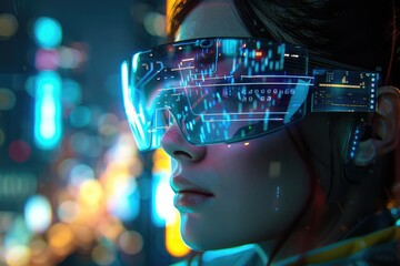 Person wearing AR glasses, holographic interface, cityscape background, vibrant colors, futuristic design, high resolution