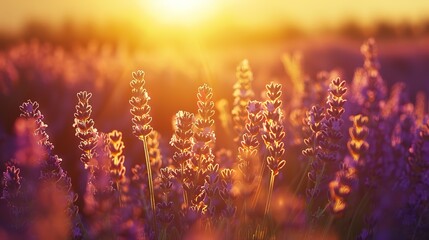 Lavender field at sunset with a golden glow