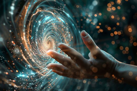 First contact. hand touching spinning vortex of light particles, neuronal network concept