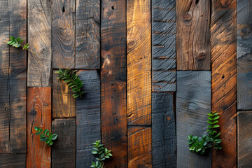 Old wooden background with leafs. Created with Ai