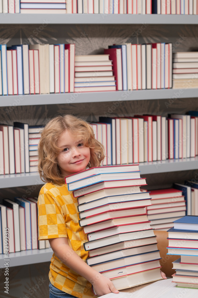 Poster back to school. school kid pupil studying in school library. child reading book in library on booksh