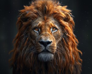 Fototapeta premium Close-up portrait of a majestic lion with a flowing mane.