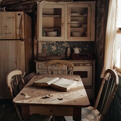 Old, abandoned farmhouse, a Bible on the kitchen table, mysterious retro life, Futuristic , Cyberpunk