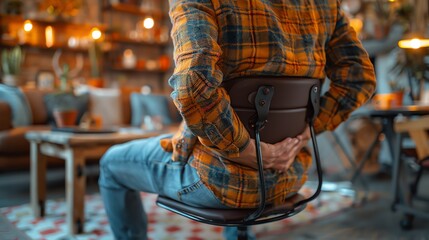 Man sitting on a chair with his hands on his back, experiencing back pain.