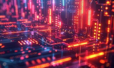 Fototapeta premium Quantum computing data flow, holographic interface, glowing lines and nodes, advanced technology, vibrant colors, cyberpunk style