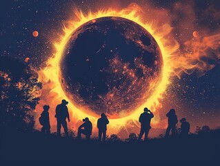 Fototapeta premium Silhouetted group of people observing a magnificent solar phenomenon with a fiery sun and vibrant colors in a cosmic landscape.