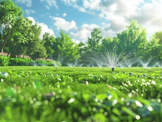Lush green lawn with sprinklers watering on a sunny day, surrounded by trees and blue sky with clouds.