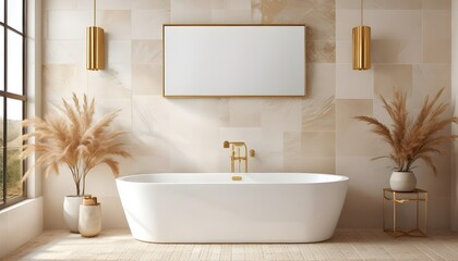 Luxurious bathroom with a modern bathtub framed blank poster, and rustic decorations on a textured background, imbued with natural light. 3D render