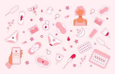 Big set female menstruation period elements. Intimate hygiene protection for menstrual period.  Flat vector illustration. Critical days. Pad, tampon, menstrual cup and panties.