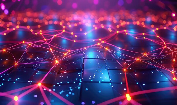 Quantum computing network, interconnected qubits, glowing neon lines, abstract and futuristic, vibrant colors, high resolution