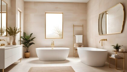 Luxurious bathroom with a modern bathtub framed blank poster, and rustic decorations on a textured background, imbued with natural light. 3D render