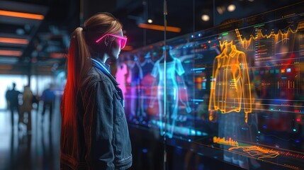 Fototapeta premium Shopping experience with AR, virtual clothing tryon, holographic interface, vibrant colors, futuristic design, high resolution