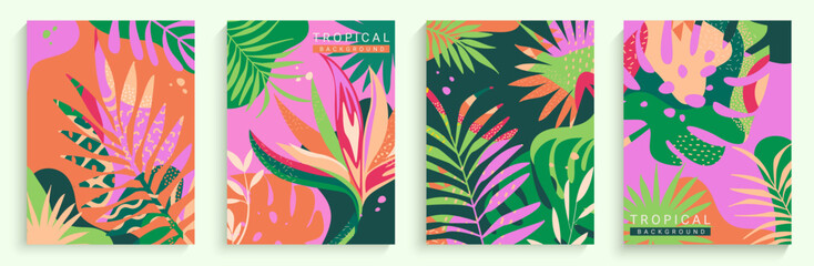 Tropical themed backgrounds.Summer bright banners,flyers, posters with tropical leaves.Palm, banana leaf, hibiscus, plumeria, split leaf, philodendron. Jungle collection for design.Template for print.