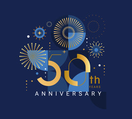 Anniversary 50 years, fifty years congratulations Elegant card for event with abstract golden fireworks and numbers on blue background. Template for poster, banner, flyer, party. Vector illustration