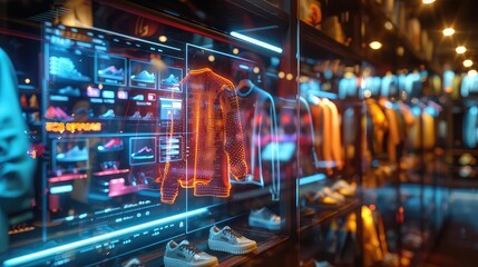 Shopping experience with AR, virtual clothing tryon, holographic interface, vibrant colors, futuristic design, high resolution