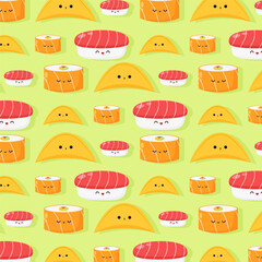 Sushi and sushi roll cute kawaii pattern background illustration