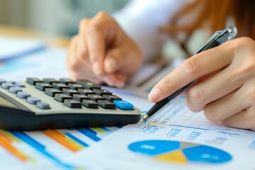 Professional woman accountant using calculator for business data calculation and document analysis