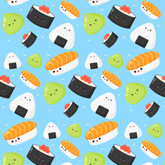 Seamless cute kawaii sushi pattern background for wrapping, package, wallpaper illustration