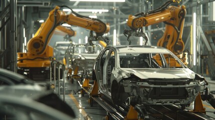 A robot is working in a car factory.
