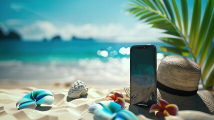 An image featuring a phone against a summer-themed backdrop, evoking feelings of travel, vacation, and summertime, perfect as a background for advertising. - Powered by Adobe