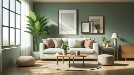 Fototapeta premium Modern Minimalist Living Room with White Sofa and Light Green Wall